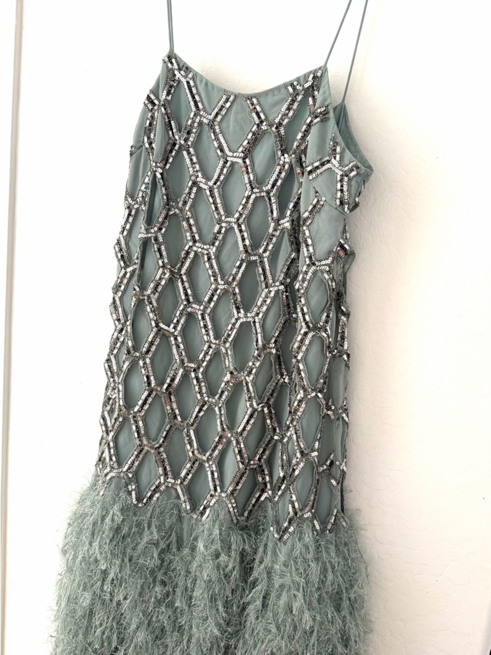 ASOS Beaded Sage Green Feather-Trim Maxi Dress